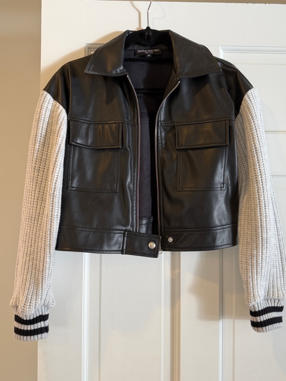NWOT Central Park West Black Faux Leather Bomber with Knit Sleeves